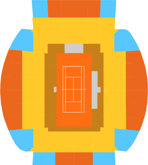 Suzanne Lenglen court seating map showing all categories: Category 3 in cyan, Category 2 in orange, Category 1 in yellow, and Category Gold in brownish-orange.