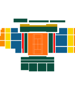 Court Rainier III seating plan with all categories color-coded: Upper Tier dark orange, Middle Tier yellow, Lower Tier navy blue, Prestige shortside upper, Super Category red, and Loges black.