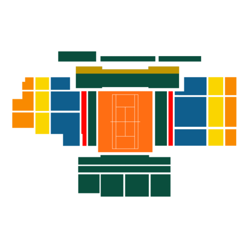 Court Rainier III seating plan with all categories color-coded: Upper Tier dark orange, Middle Tier yellow, Lower Tier navy blue, Prestige shortside upper, Super Category red, and Loges black.