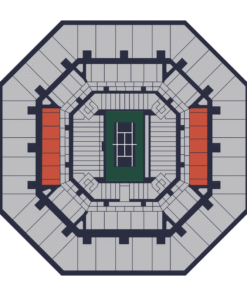 US Open seating map highlighting the lower-tier longside sections in red.