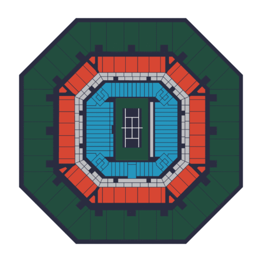 US Open stadium seating plan showing courtside sections in blue, all lower-tier blocks in red, and all upper-tier blocks in green.