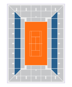 Planul de dispunere a locurilor într-un stadion de tenis, cu evidențierea locurilor din tribuna lungă, situate la nivelul inferior, aproape de teren.